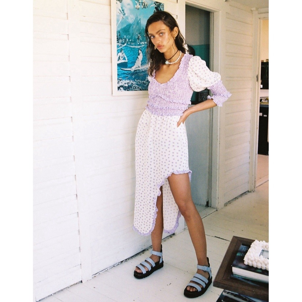 For Love & Lemons Hideaway Midi Dress in Purple Floral Polka Dot Gingham Sz S